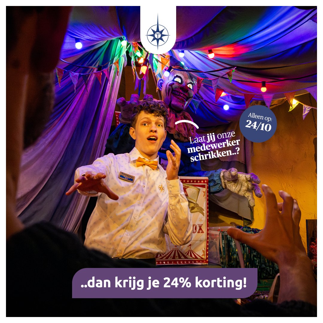 Kun jij iemand laten schrikken? 👻 Probeer het 24 oktober bij de medewerker van de Halloween Shop (📍Land van Toos). Lukt het? Dan krijg 24% korting op je aankoopbedrag. 🛍️

👉 Deze actie is onderdeel van 24Toverland: toverland.com/24 #Toverland