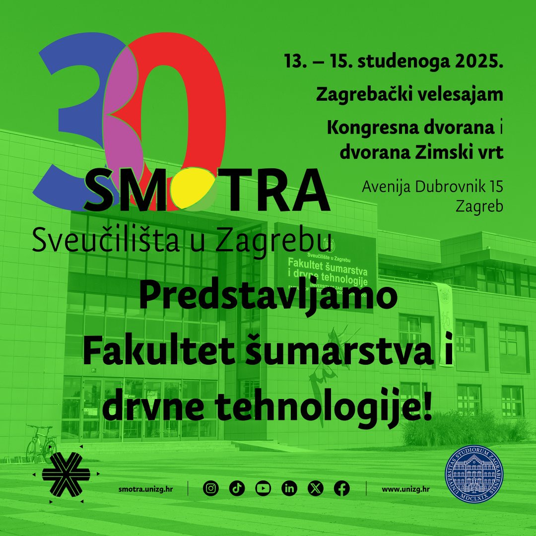 🔜🎊 [𝟛𝟘. 𝕊𝕄𝕆𝕋ℝ𝔸 – predstavljamo Fakultet šumarstva i drvne tehnologije] 🕵️‍♀️🌐

ℹ️🏫 Informacije o upisu, studijskim programima i studentskom životu na FŠDT-u potraži na 🔗👉 upisi.sumfak.unizg.hr

🤩 𝗩𝗶𝗱𝗶𝗺𝗼 𝘀𝗲❗️

#UniZg #mojesveuciliste #smotra2025 #30smotra