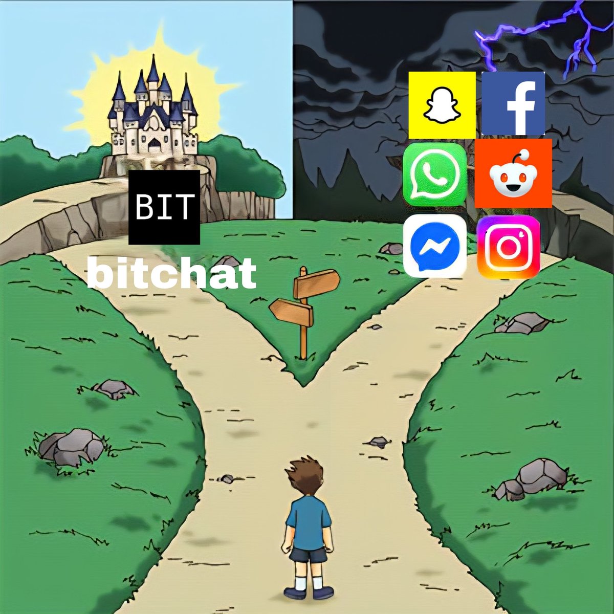 BitchatMe_'s tweet image. Left path: privacy, freedom, peace.
Right path: noise, ads, tracking, chaos.
The choice is clear, bitchat.