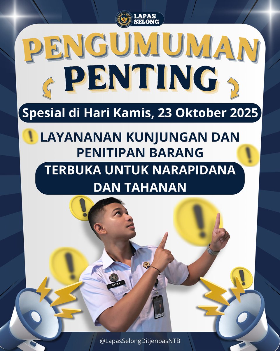 📢 PENGUMUMAN PENTING!

Lapas Kelas IIB Selong membuka layanan kunjungan dan penitipan barang bagi narapidana dan tahanan secara spesial pada Kamis, 23 Oktober 2025.

@ditjenpas
@pemasyarakatan.ntb
@agung_krisna1034
