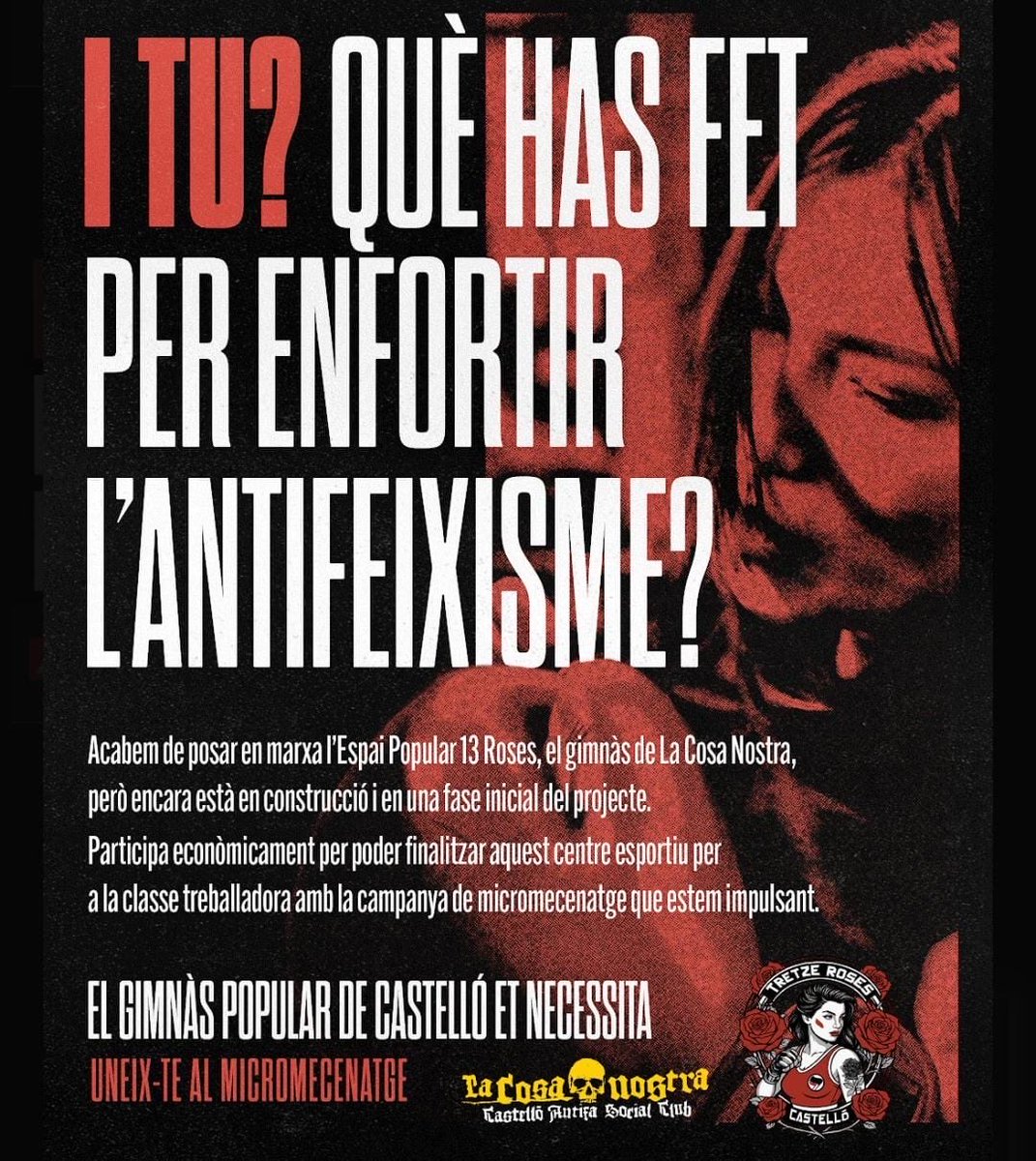 LaCosaNostraCS's tweet image. ENFORTEIX EL GIMNÀS POPULAR 🥊❤️🖤

goteo.cc/gimnaspopularc…

Moltes sou les que ens pregunteu com podeu col·laborar. Doncs ara és el moment. Uneix-te al micromecenatge i ajuda’ns a acabar les obres i a mantindre viva la força del projecte.