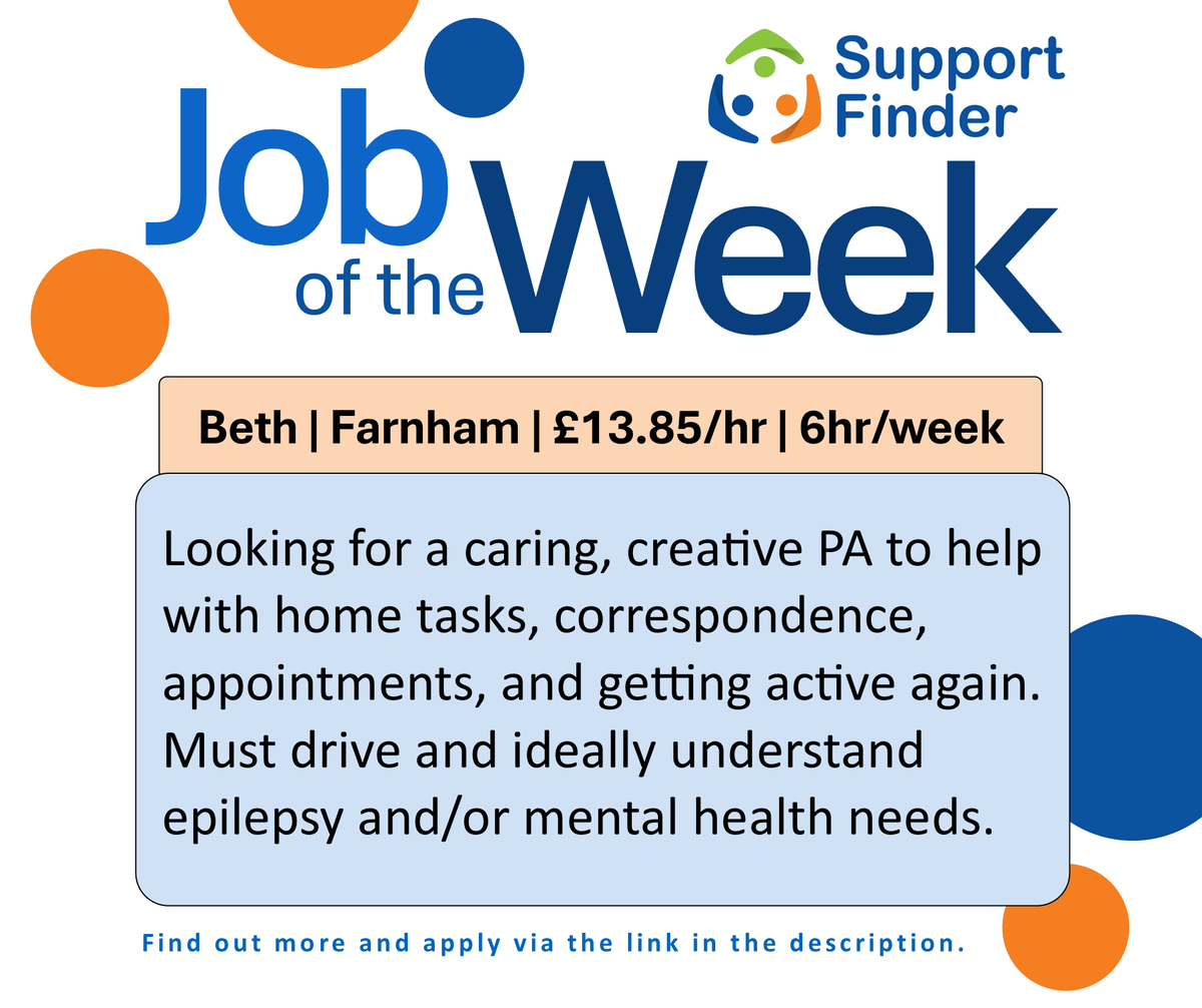 Support_Finder's tweet image. Job of the Week: Beth is looking for a PA to assist her maintain her chosen lifestyle. You can apply through Support Finder.
Direct job link: supportfinder.org.uk/listings/emplo…
#SupportWorker #FindAJob #CareJobs #SurreyJobs #IndependentLiving #WorkInCare