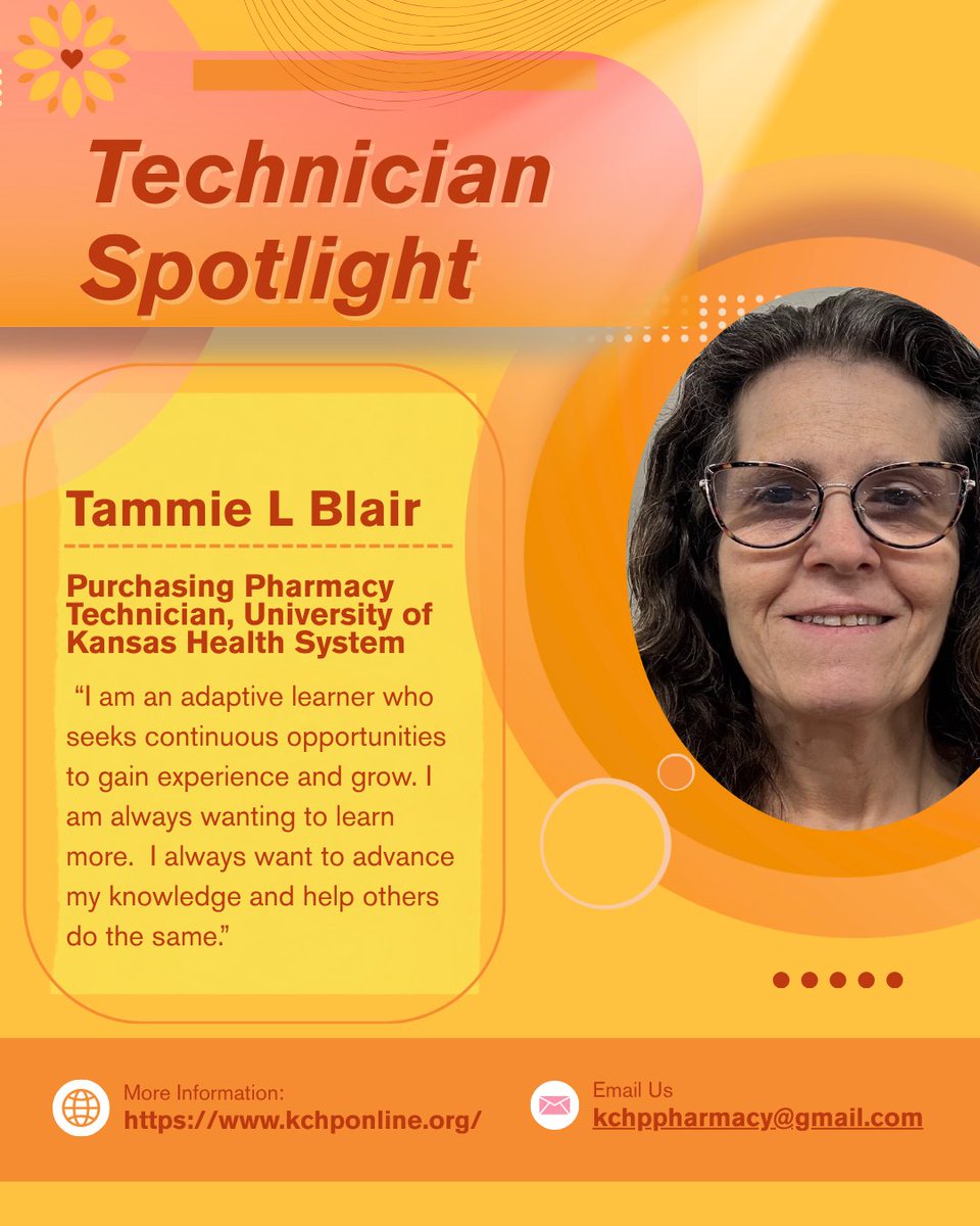 kchponline's tweet image. 🌟 Technician Day Spotlight: Tammie L Blair, Purchasing Pharmacy Technician, University of Kansas Health System 👏 

🔗 Learn more about KCHP: bit.ly/3Yx5mr

#KCHP #PharmacyTechnicianDay #PharmacyWeek #KansasPharmac