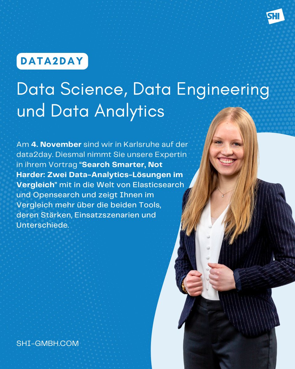 SHIEngineers's tweet image. Erlebe Innovation live! Auf der #data2day 2025 in Karlsruhe teilt unsere Expertin am 4.11. Ihre Erfahrungen mit #Elasticsearch und #OpenSearch, zeigt die Tools im Vergleich, deren Stärken, Einsatzszenarien und Unterschiede. See you in Karlsruhe!