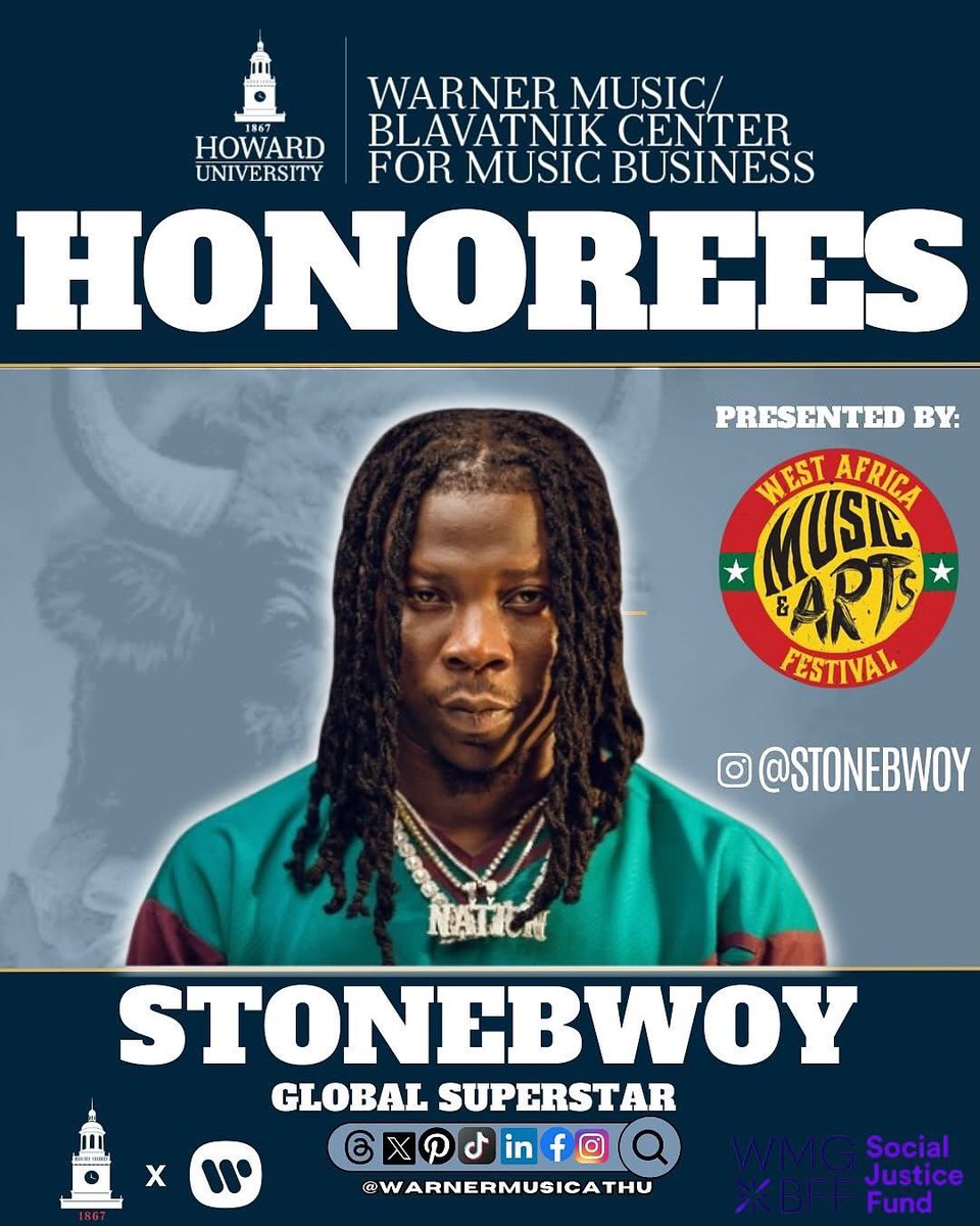 Stonebwoy will be honored at the 2025 Howard University Homecoming Takeover, presented by The Warner Music/Blavatnik Center for Music Business in partnership with Warner Music Group, 300 Entertainment, and Atlantic Records, on October 23 in Washington DC 

Stonebwoy is being