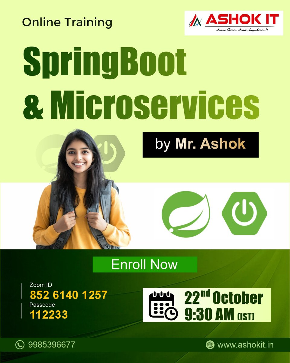 ashokitschool's tweet image. 🚀 Master Spring Boot & Microservices with Expert Training!
📲 Register Now: tr.ee/gYeJBh
📍 Training Mode: Online (Zoom) & Classroom
🗓️ Date: 22nd October
⏰ Time: 9:30 AM (IST)
#SpringBoot #Microservices #JavaDeveloper #AshokIT #OnlineTraining #BackendDevelopment