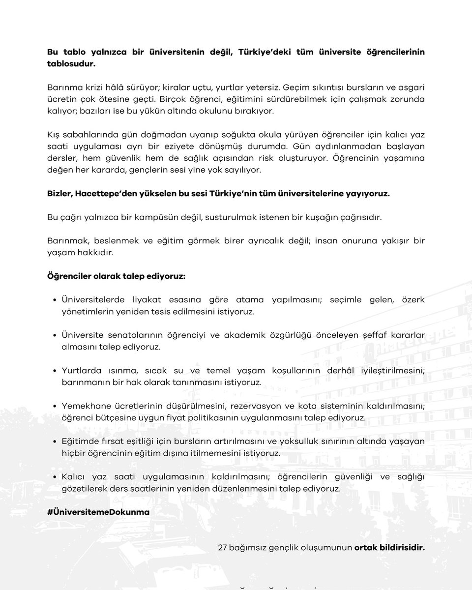 27 GENÇLİK OLUŞUMUNUN ORTAK BİLDİRİSİDİR!

Hacettepe Üniversitesi’nde yaşananlar, Türkiye’deki tüm üniversite öğrencilerinin ortak hikâyesidir.

Bizler, Hacettepe’den yükselen bu sesi Türkiye’nin tüm üniversitelerine yayıyoruz.

#ÜniversitemeDokunma