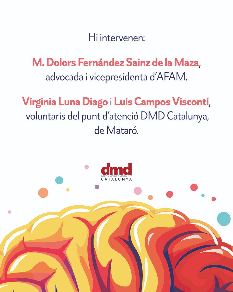 🗓️ Dilluns 27 d’octubre · 17.30 h 📷 Centre Terapèutic AFAM · C/ Carlemany 10, Mataró Taula rodona: “El dret a viure i morir dignament” Amb M. Dolors Fernández (advocada i vicepresidenta d’AFAM), Virginia Luna i Luis Campos de l'associació DMD Us hi esperem! #Maresme #Dignitat