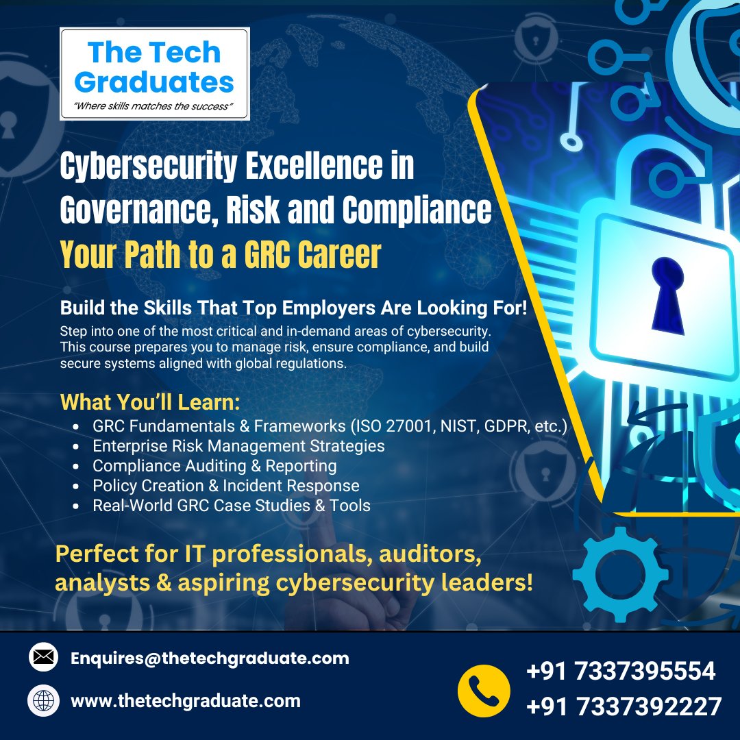 theTechGraduate's tweet image. Master Governance, Risk &amp;amp; Compliance in Cybersecurity!
📞 Phone: +91 7337395554 &amp;amp; +91 7337398887
📧 Email: enquires@thetechgraduate.com
🌐 Website: thetechgraduate.com
IT Professionals | Security Analysts | Compliance Officers | Aspiring Cyber Leaders