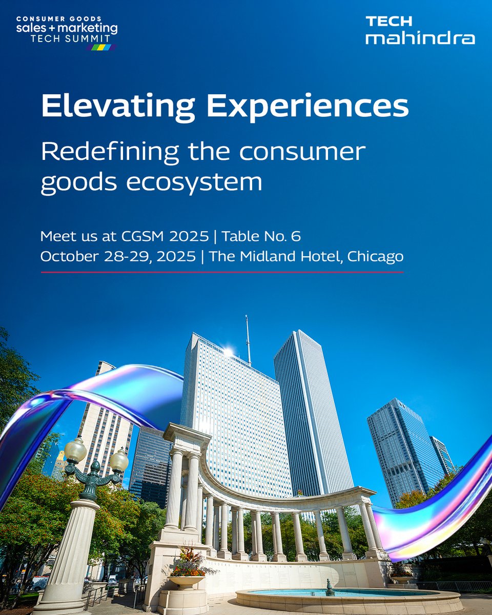tech_mahindra's tweet image. From #AI to Digital Twins, @tech_mahindra is transforming consumer goods operations with innovative strategies and next-gen technologies.

Join us at the Consumer Goods Sales &amp;amp; Marketing Tech Summit, The Midland Hotel, Chicago, Table #6 from October 28-29, 2025, as we redefine…