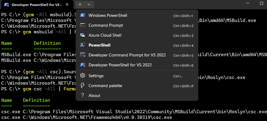 sekurlsa_pw's tweet image. To directly compile a program without starting Visual Studio:
▪️dotnet.exe &amp;lt;project.csproj&amp;gt;
▪️csc &amp;lt;code.cs&amp;gt;
▪️msbuild &amp;lt;p.sln&amp;gt;

Developer prompt has these included in path. 
To get location of the binaries:
▪️ cmd: where &amp;lt;csc&amp;gt;
▪️Powershell: (gcm -All csc).Source