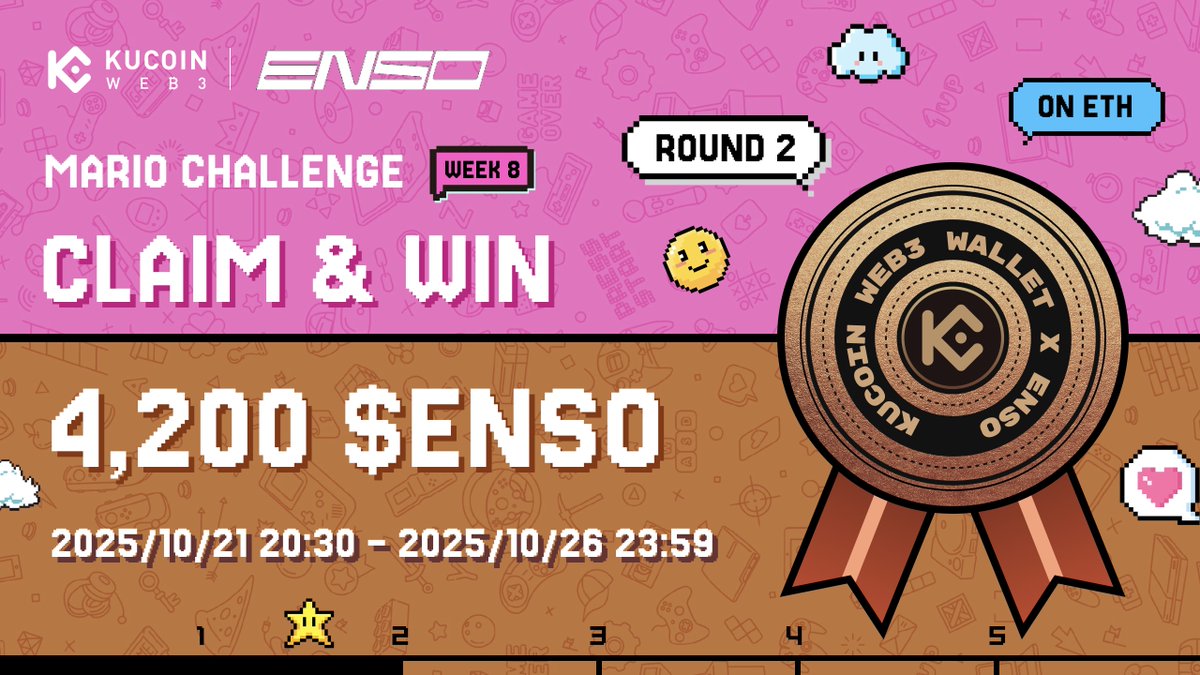 🎉 #MarioChallenge Phase 8 round 2 is LIVE!

💰 Total Prize: 4,200 $ENSO
📅 Oct 21, 20:30 – Oct 26, 24:00 (UTC+8)

How to join
1️⃣ Follow <a href="/KuCoin_Web3/">KuCoin Web3 Wallet</a> &amp; <a href="/EnsoBuild/">Enso | ⌘ 🛠️</a>
2️⃣ Like + RT + Tag 3 frens
3️⃣ Swap ≥ $300, complete ≥5 swaps &amp; hold ≥$50 on ETH mainnet in KuCoin Web3 Wallet
4️⃣