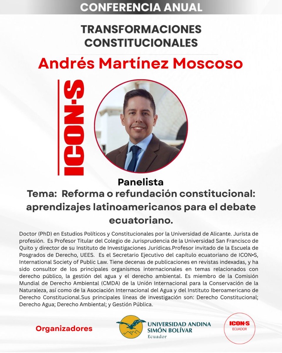 📣<a href="/andresmartmos/">Andrés Martínez-Moscoso</a> , profesor <a href="/USFQ_Ecuador/">Universidad San Francisco de Quito</a> y secretario ejecutivo de <a href="/ICON__S/">ICON•S</a> , capítulo Ecuador 🇪🇨, será panelista en nuestra conferencia anual. 

Este jueves, a partir de las 08:30, en <a href="/uasbecuador/">Universidad Andina</a>

🔴Evento gratuito
🔗Registro: bit.ly/3KKwDC5
#ICONSEcuador