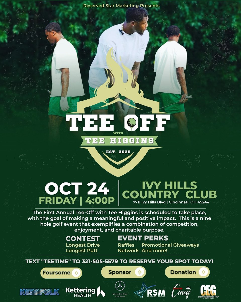 TonyDaTiger96's tweet photo. Not many days left to play golf. Why not Tee Off with  @teehiggins5 1st annual golf invitational this Friday. Looking for foursomes and sponsors so sign up now! See you there! WhoDey! #WhoDey #TonyDaTiger #FanOfFans  #2023FOTY #CharityMatters #DoGood @bengaljims_BTR 

Sign-up team, sponsor or donate with link 👇
https://t.co/e8hx5F5nOK