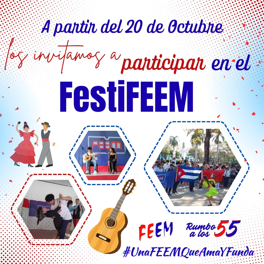 En conmemoración al día de la cultura cubana 🥁 la #FEEMdeCuba 🇨🇺 te invita a participar en el festiFEEM 🥳, espacio recreativo, allí puedes vivir la magia del arte 🤩 y disfruta de la buena cultura cubana 🌟. 

#UnaFEEMQueAmaYFunda
#HaciendoFuturo
#100AñosConFidel
#RumboALos55