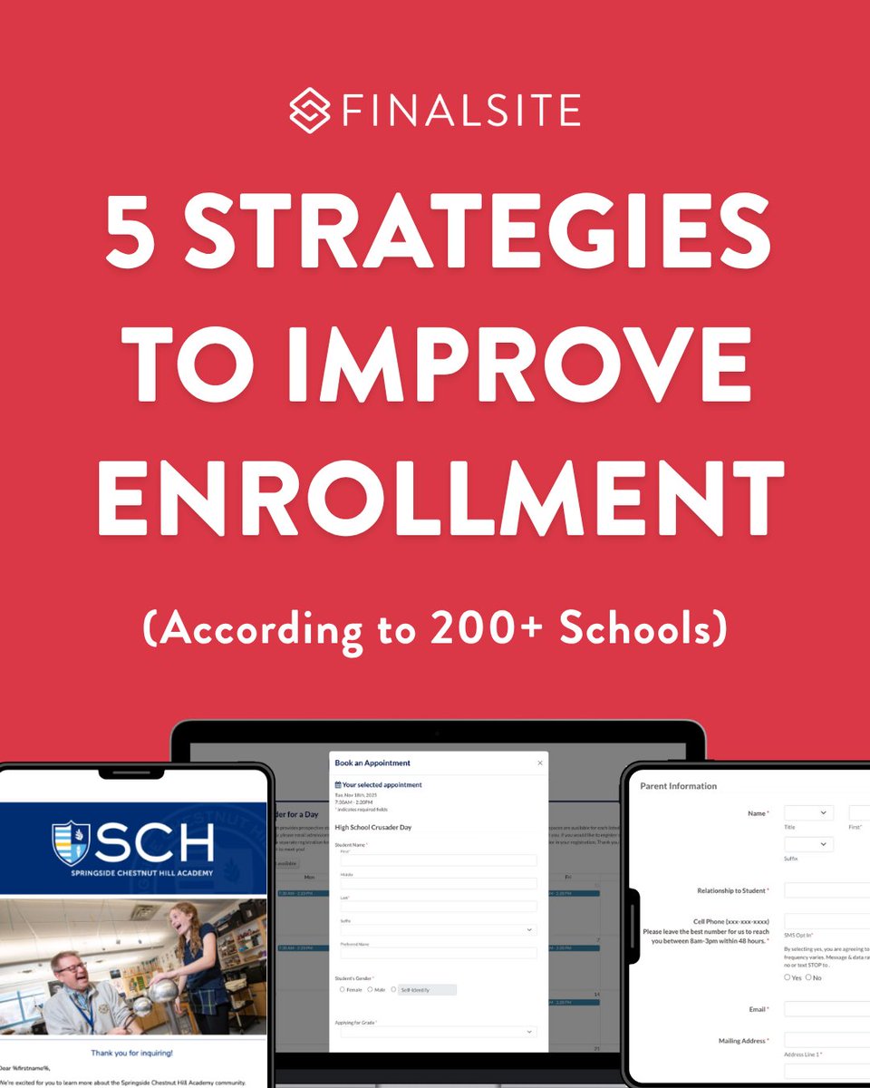 Finalsite's tweet photo. What’s the best way to improve enrollment? Here are the 5 enrollment strategies 200+ schools say actually move the needle! https://t.co/imulK5rS0J https://t.co/XajYFtIG45