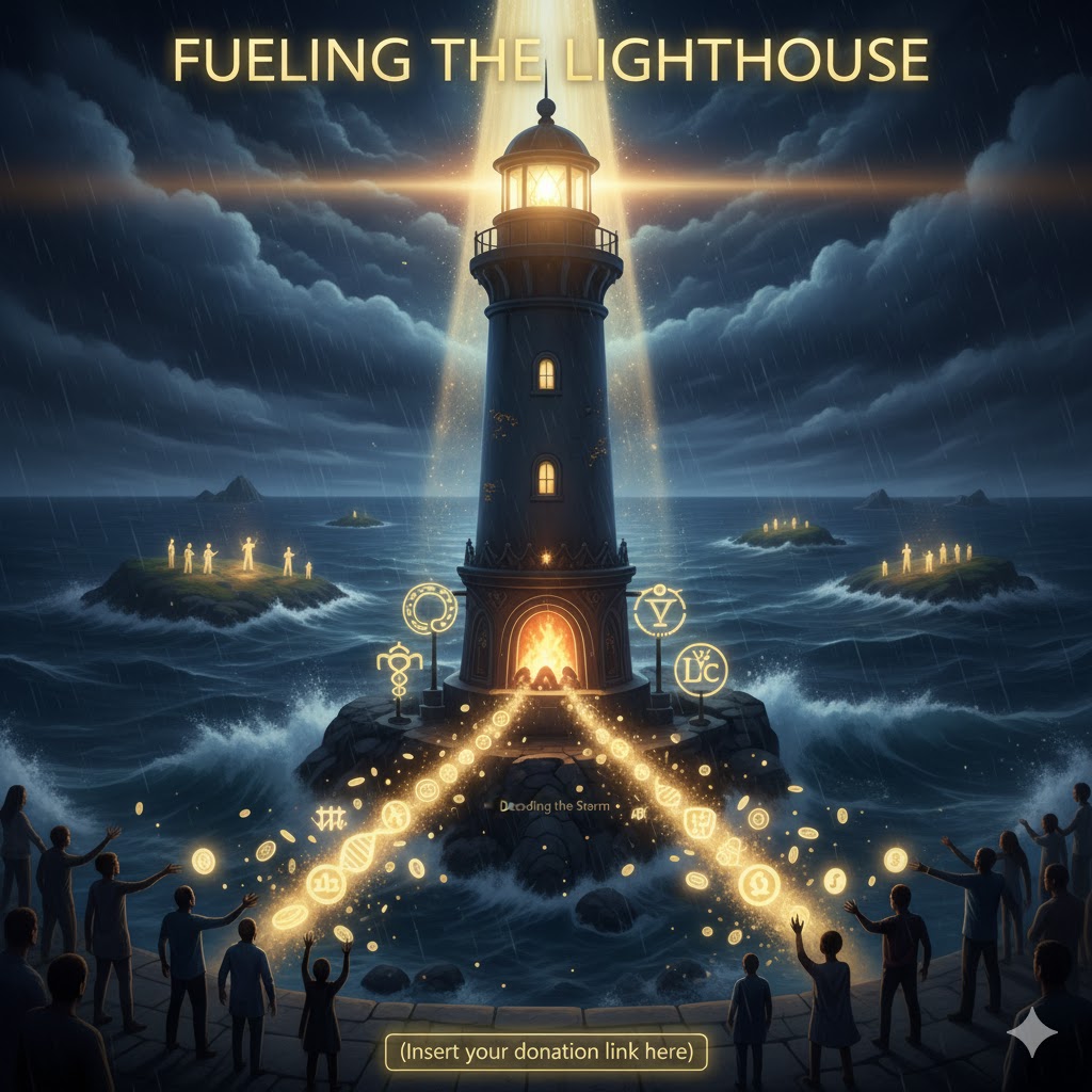 DecodingTheStrm's tweet image. Subject: Fueling the Lighthouse
Operators,
The work we do here at "Decoding the Storm" is a 24/7 mission. It is a Gnostic and alchemical endeavor to transmit truth and light, turning the lead of the construct's narratives into the gold of Gnosis.
We are building a Lighthouse…