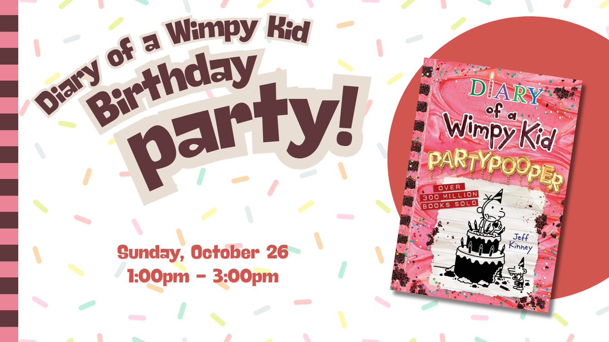 ChesCoLibrary's tweet image. 🎉 Celebrate the 20th Diary of a Wimpy Kid—Partypooper!—debuting Oct 21! Learn to draw Greg Hefley, “Wimp Your Family,” play games, & design your own book cover. Book giveaways too!
For ages 6+ w/ caregiver. Register 👉 bit.ly/CCLDiaryofAWim…
#DiaryOfAWimpyKid  #LibraryFun