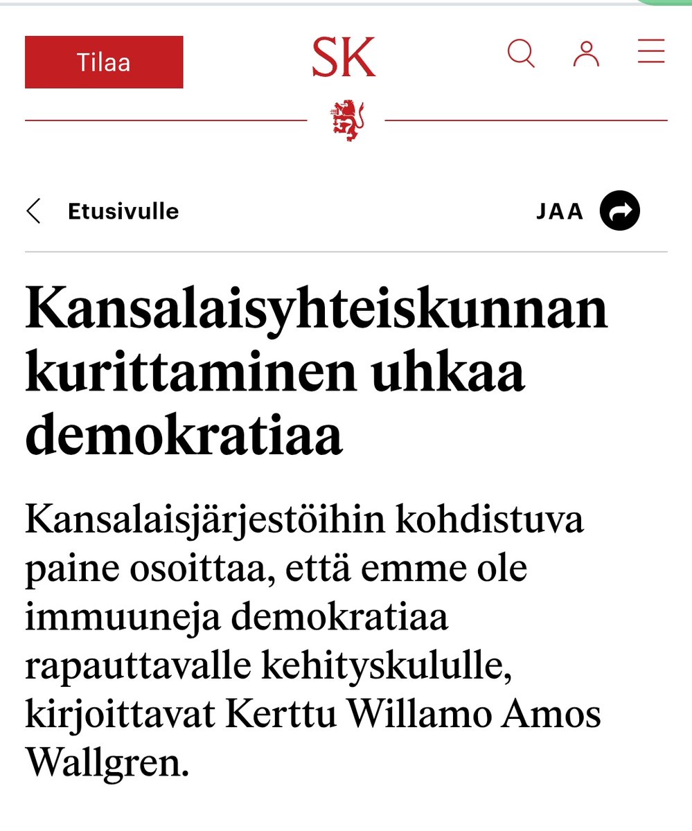 Arvoisa <a href="/SuomenKuvalehti/">Suomen Kuvalehti</a> , julkaisette sontaa.
Valtion rahoittamat järjestöt eivät kuulu kansalaisyhteiskuntaan. Kansalaisyhteiskunta käsittää vai ne järjestöt, jotka toimivat vapaaehtoisrahoituksella.
Valtion tukemat järjestöt ovat itse uhka demokratialle, kun jokainen