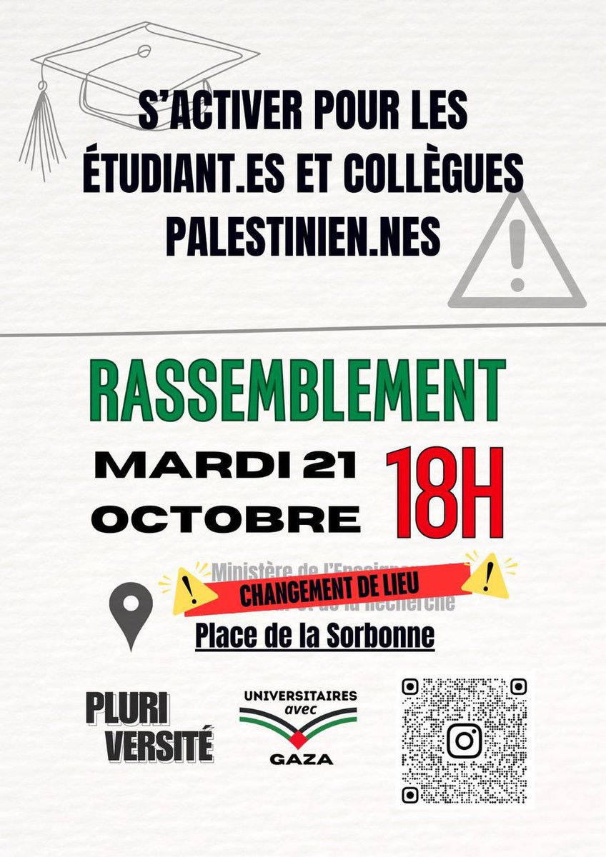 C'est ce soir place de la Sorbonne ! 
Rassemblement pour l'accueil immédiat des universitaires Palestiniens et contre le génocide à Gaza !
#FreePalestine #stopgazagenocide‌now