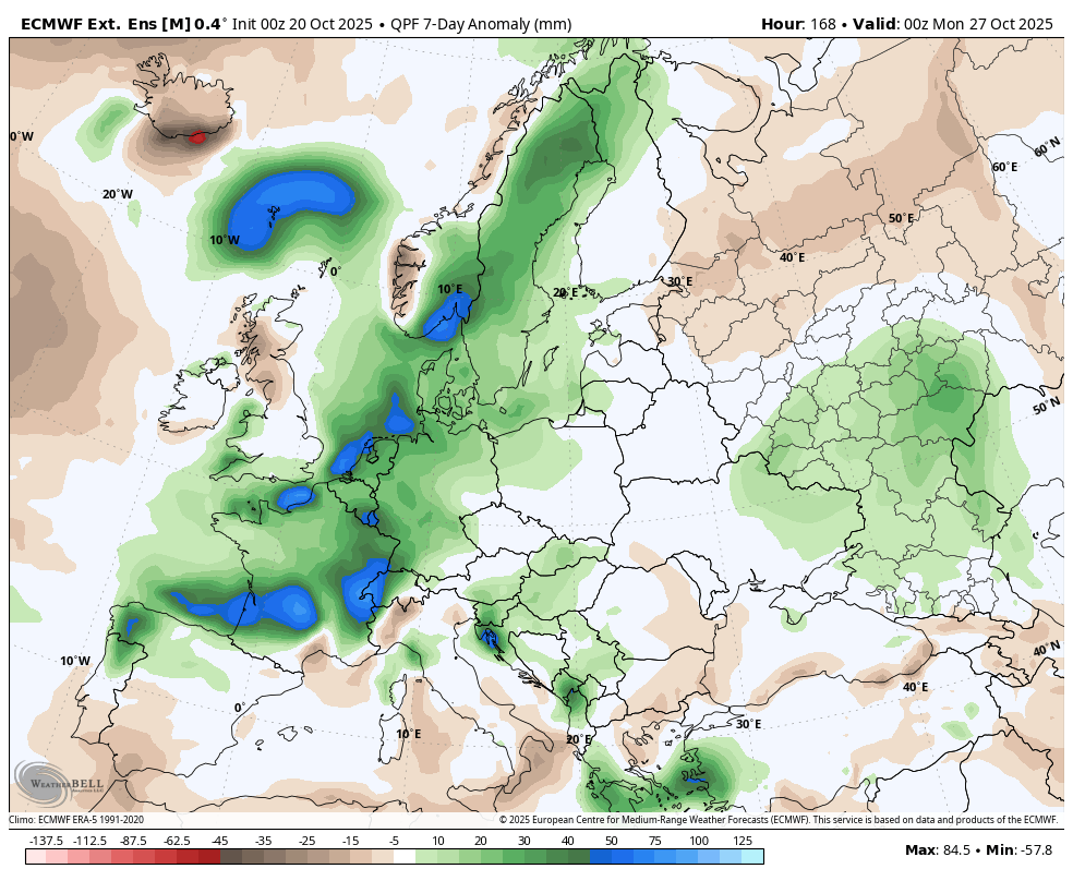 ECMWF haftalık çıktılara görebu hafta yani 20–27 Ekim periyodunda troposferin üst seviyelerinde (500 hPa) belirgin negatif yükseklik anomalisi Avrupa’nın batısından Orta Avrupa ve Karadeniz çevresine kadar uzanıyor. Bu durum, kıtanın büyük bölümünde belirgin bir uzun dalga