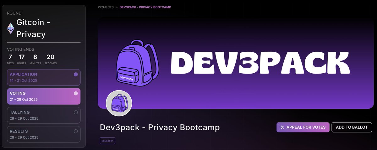 dev3pack's tweet image. We are participating in the @gitcoin privacy round with our ZK & Privacy bootcamp 🤝
All funds raised will be distributed as a 𝘀𝗰𝗵𝗼𝗹𝗮𝗿𝘀𝗵𝗶𝗽 𝗳𝗼𝗿 𝗿𝗲𝘀𝗶𝗱𝗲𝗻𝘁𝘀 at the dev3pack village in @EFDevcon, where many are involved in privacy.
🔗 Vote here:…