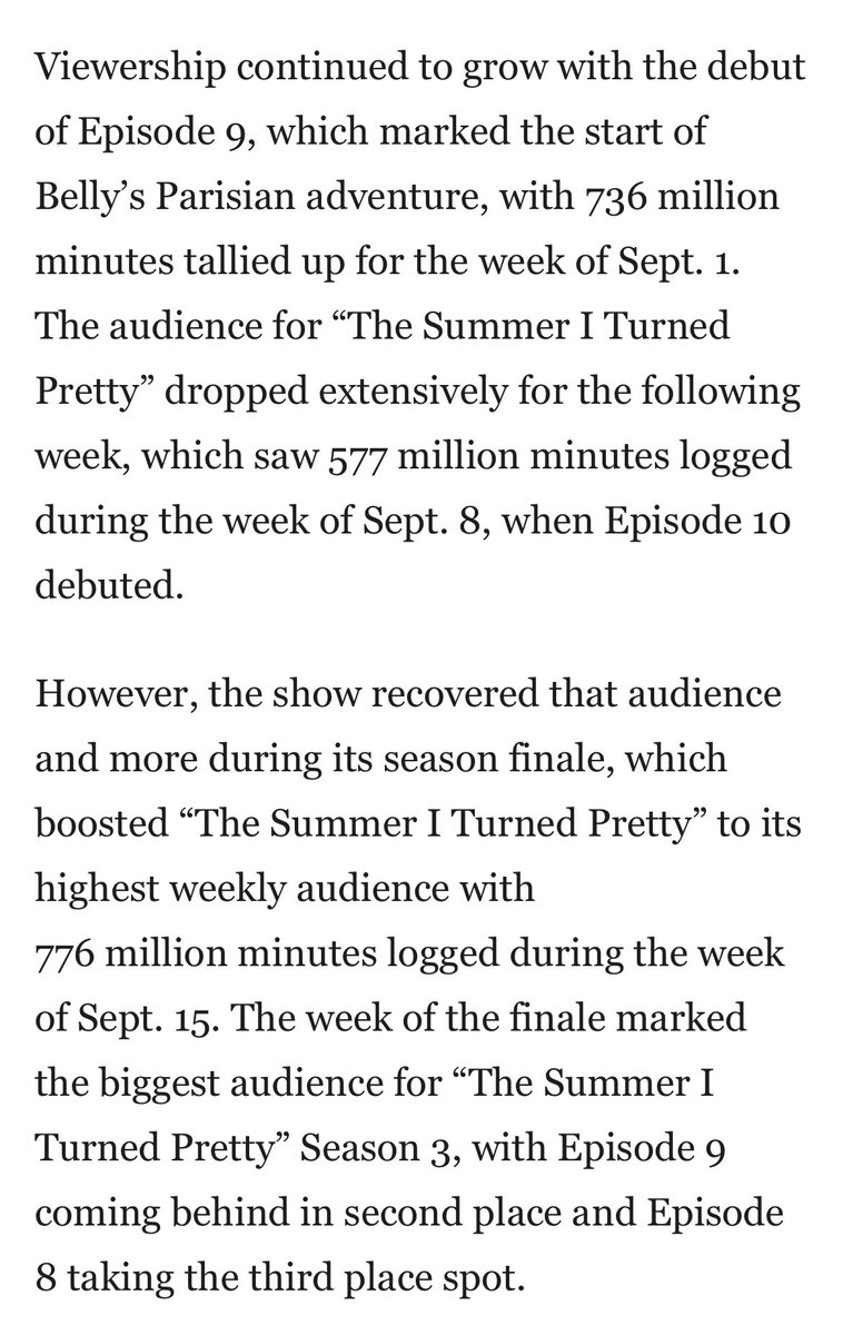 tsitpmovie's tweet image. The Summer I Turned Pretty logged 6.57 billion viewing minutes during Season 3, per Nielsen Ratings. 

Episode 5 brought the show into the Top 10 list for the first time during the Season 3 run, and the finale marked the biggest audience with 776 million minutes!