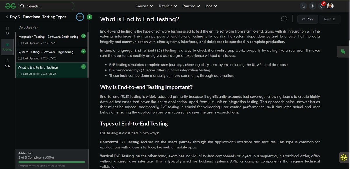 Dhyeychauhan3's tweet image. Day 5 of my #SoftwareTesting SkillUp Journey with
@geeksforgeeks 🚀
Focused on #FunctionalTesting today ⚙️
Learned Integration & System Testing
Explored End-to-End Testing process
#skillupwithgfg & #nationskillup
NationSkillUp Course 🔗 lnkd.in/gMiiW3_n