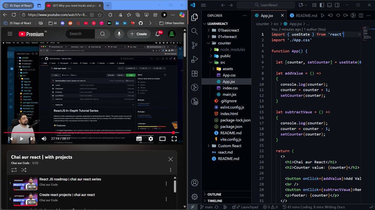 JagrataDeb's tweet image. Day 5 of #35DaysReactChallenge by @Hiteshdotcom & @ChaiCodeHQ
Plain JS failed me. useState fixed it. React re-renders, no DOM hacks.
Hooks = clean, reactive code. 🏏🔥
#ReactJS #Hooks #useState #India #ChaiAurCode #Masterji #Consistency #Development