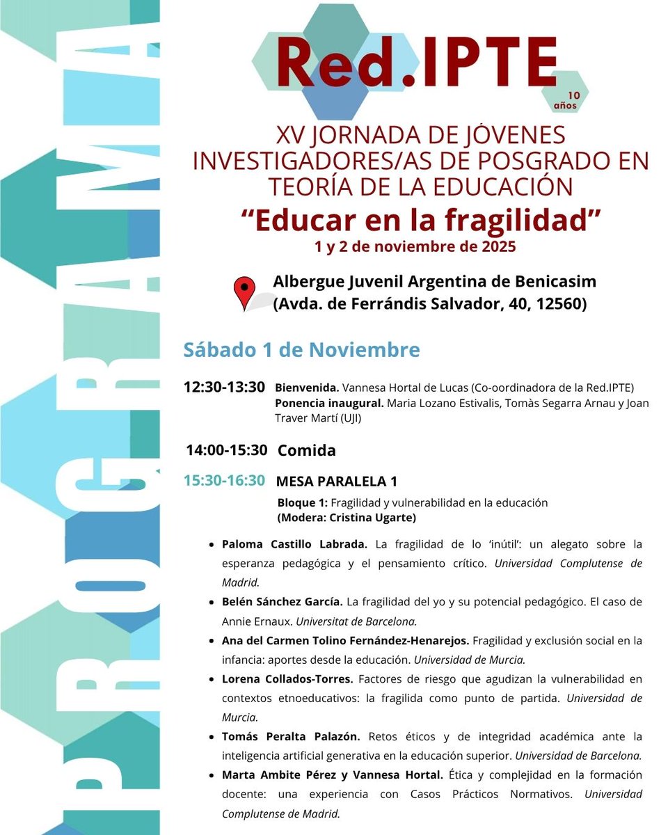 redipte's tweet photo. 🗒️ Ya está disponible el programa de las XV Jornadas de Jóvenes Investigadores/as de Postgrado en Teoría de la Educación 🎓✨    

📍 Benicasim (Castellón) | 1 y 2 de noviembre
🔗 https://t.co/Fl4uj6Tsq8
  
#TeoríaDeLaEducación #JóvenesInvestigadores #RedIpte #Postgrado https://t.co/kpZLmwp3q8