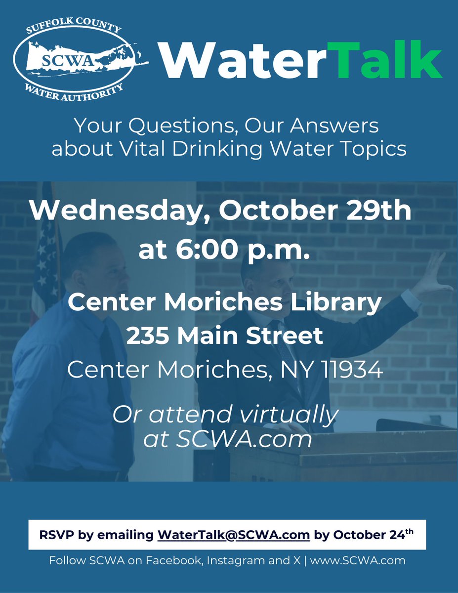 Do you know where your drinking water comes from? Is bottled water better than tap water?

Join us at our next WaterTalk at the Center Moriches Library (235 Main Street, Center Moriches, NY 11934) on Wednesday, October 29th at 6:00 pm.