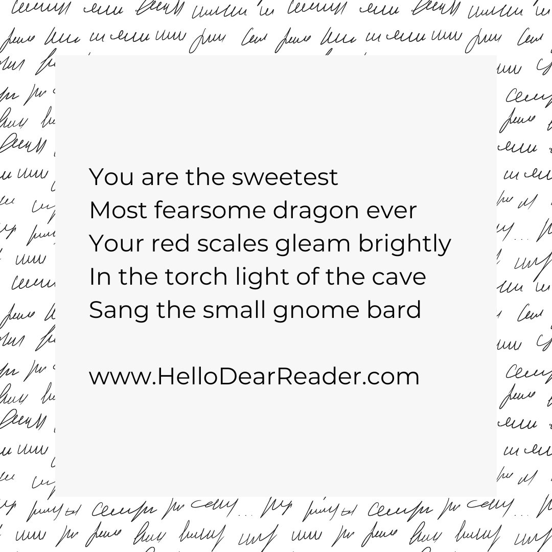 jason_delph's tweet image. You are the sweetest 
Most fearsome dragon ever 
Your red scales gleam brightly 
In the torch light of the cave 
Sang the small gnome bard 

rfr.bz/tec07bc

#poetry #CozyFantasy #HelloDearReader