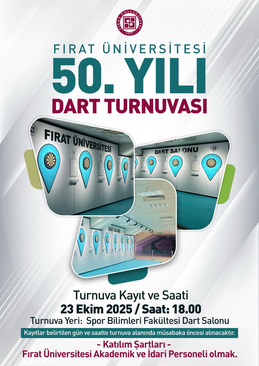 Fırat Üniversitesi 50. Yıl Dart Turnuvası Başlıyor!

Üniversitemizin kuruluşunun 50. yılı etkinlikleri kapsamında, akademik ve idari personelimizin katılımıyla düzenlenecek Dart Turnuvası için kayıtlar başlıyor!

📅 23 Ekim 2025
🕕 18.00
📍 Spor Bilimleri Fakültesi Dart Salonu