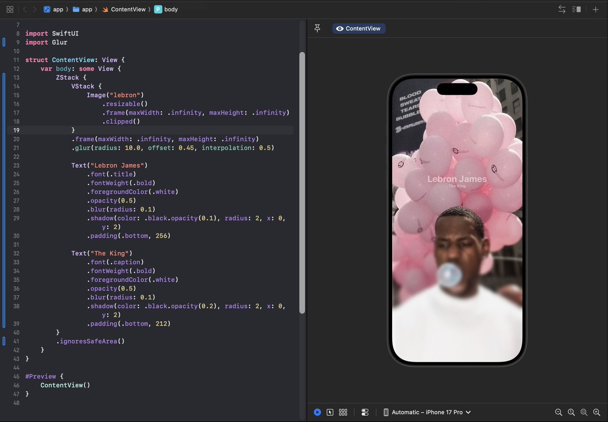 danielsaraldi's tweet image. I'm testing the Glur library by @joogps, and it's amazing and beautiful!
I'm thinking of adding it to my React Native BlurView library.
React Native 🤝 Glur