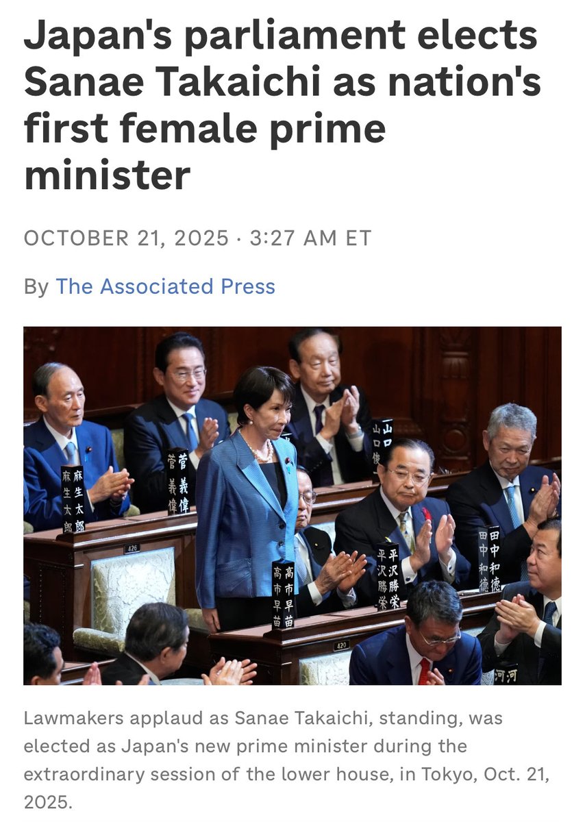 Japan elects first female Prime Minister in the country’s history 
Conservative 
Sanae Takaichi is in no hurry to push gender equality or diversity, but rather focus on the economy and building the military