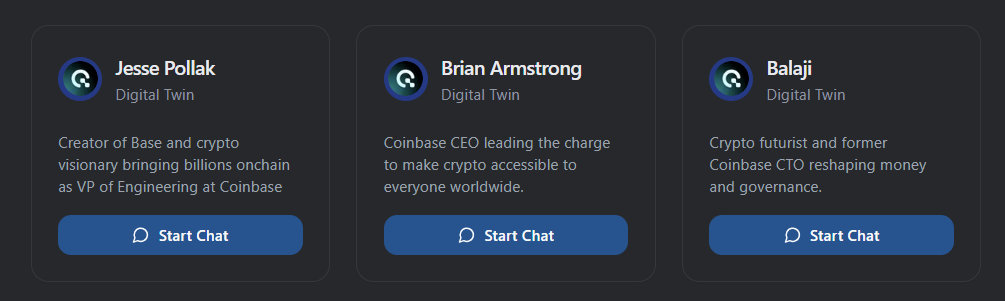 MemSync (@memsync_ai) on Twitter photo Did you know?
You can chat with the digital twin of 
→ <a href="/brian_armstrong/">Brian Armstrong</a>
→ <a href="/jessepollak/">jesse.base.eth</a> 
→ <a href="/balajis/">Balaji</a> 
All on MemSync
You’re not ready for what’s coming Did you know?
You can chat with the digital twin of 
→ <a href="/brian_armstrong/">Brian Armstrong</a>
→ <a href="/jessepollak/">jesse.base.eth</a> 
→ <a href="/balajis/">Balaji</a> 
All on MemSync
You’re not ready for what’s coming