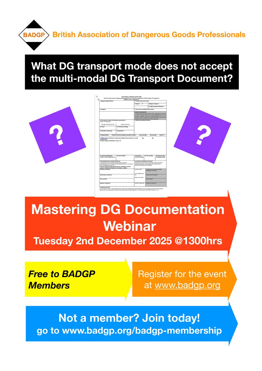 BADGP Webinar ‘Mastering Dangerous Goods Documentation’ on Tuesday 2nd December at 1pm GMT.

To register for the webinar, please visit: badgp.org/event-5914039

Questions? Please contact: enquiries@badgp.org

#badgp #dgsa #dangerousgoods #transport #transportdocumentation