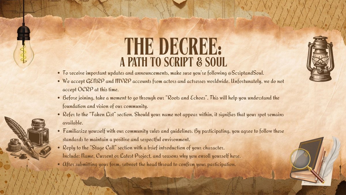 ScriptandSoul's tweet image. ✒️ Your journey to Script &amp; Soul starts here. Read The Decree carefully, for every role begins with understanding the stage you’ll stand on.
