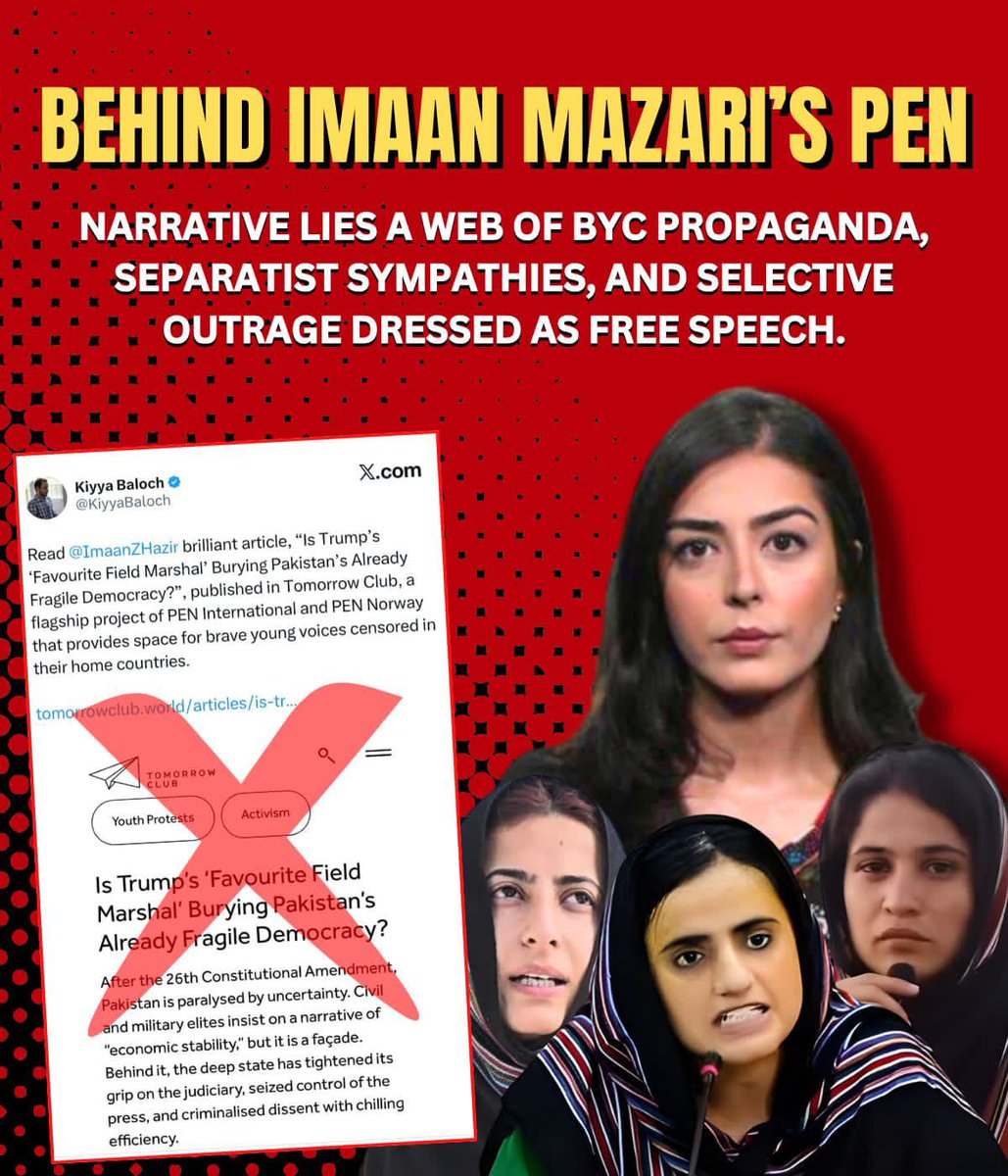 Bleed_GreenPK's tweet image. Imaan Mazari’s piece for PEN’s Tomorrow Club is pure propaganda—twisting facts to malign #Pakistan’s military while glorifying her #BYC activism. Far from neutral, she’s a key BYC agitator with nine criminal cases backed by evidence.
