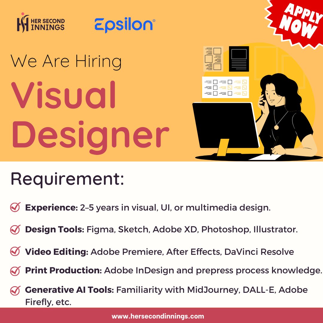 her2nd_innings's tweet image. We’re looking for a Visual Designer who can bring ideas to life through creativity, innovation, and precision. 🎨
Click here:hersecondinnings.com/careers/?job_i…
#VisualDesigner #UIDesign #MotionGraphics #VideoEditing #PrintDesign #GenerativeAI