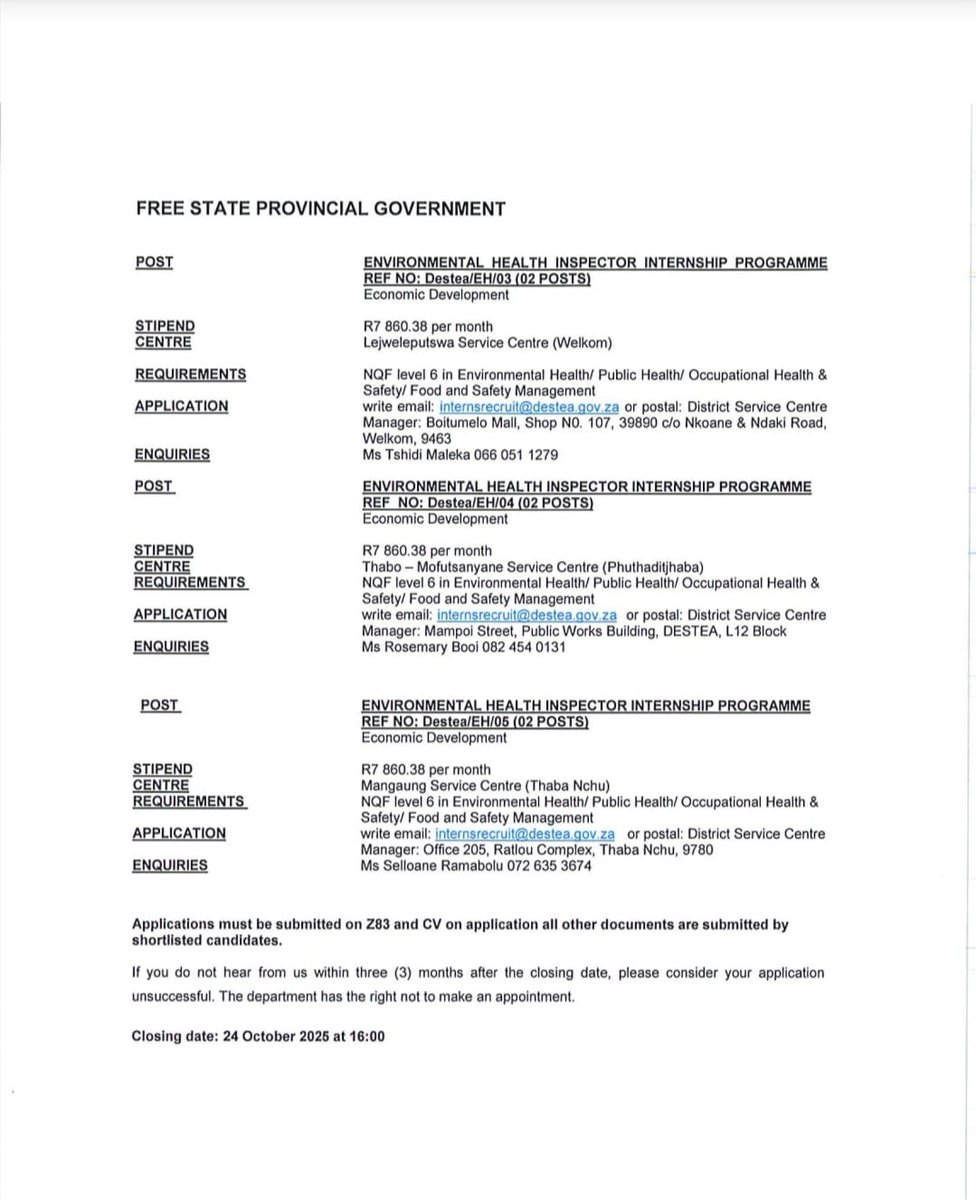 FSDESTEA's tweet image. Internship Programme / In Service Training For 2025/2027 (24 months)
#DESTEA #FreeStateGovernment #Internship #InServiceTraining