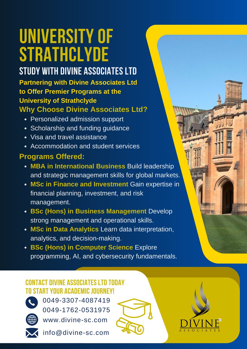 DivineAssociat's tweet image. Excel in Business, Finance, Data &amp;amp; Computing at University of Strathclyde with Divine Associates Ltd.
#DivineAssociatesLtd #StudyInUK #GlobalCareers #AcademicExcellence #StrathclydeWithDivine #ExcelAtStrathclyd #DivineLeads