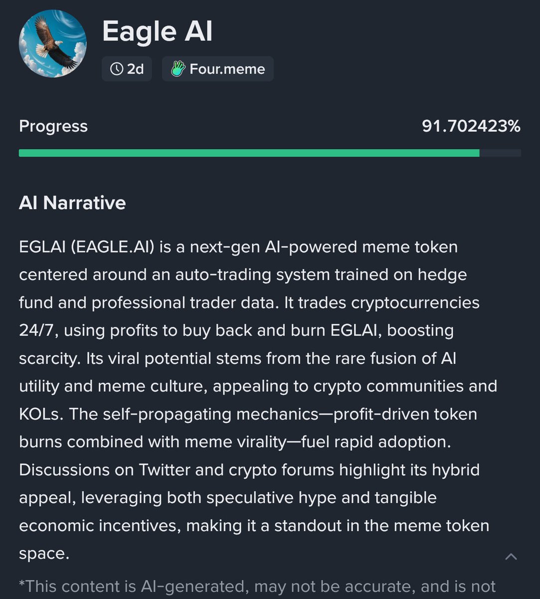 coin_viper's tweet image. $EGLAI Eagle AI is the next gen AI Powered meme token. It has auto-trading system. Audit result was %100. #binanceweb3