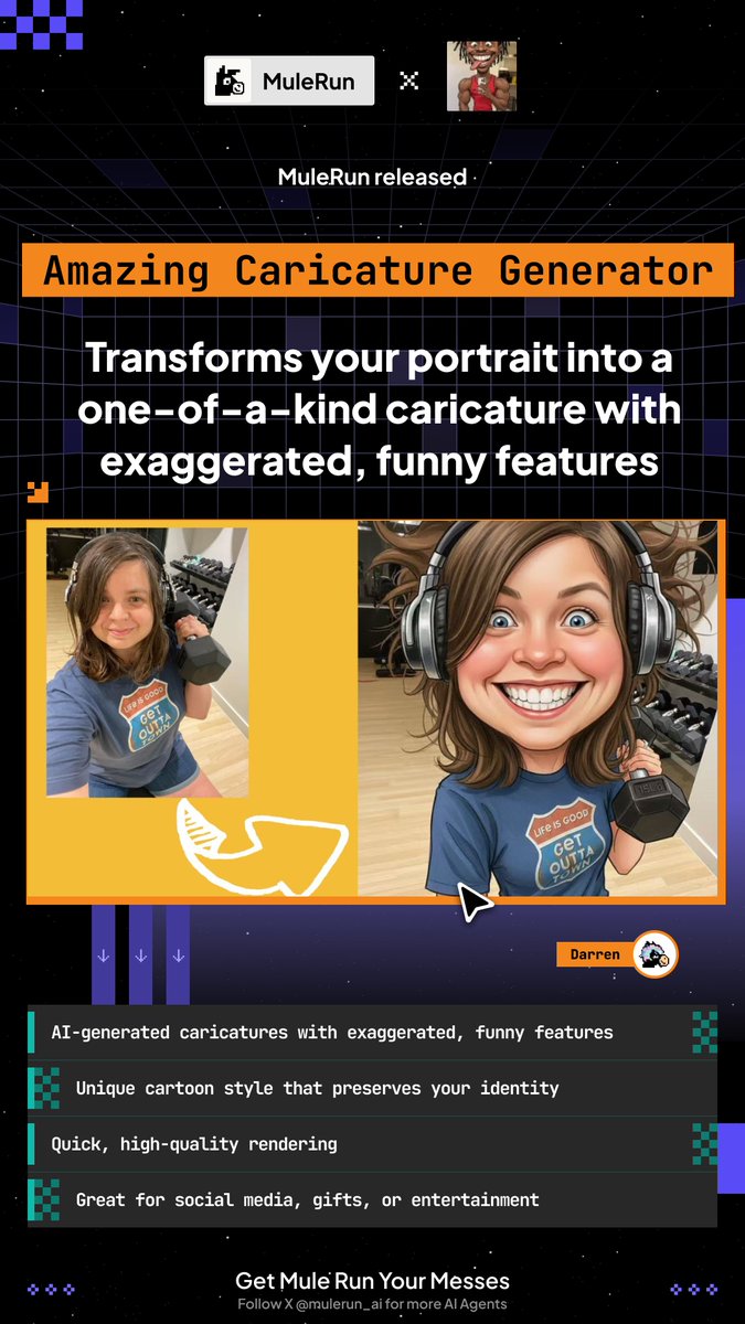 Perfect profiles are boring. Here's a way to change.

#MuleRun helps you create a hilarious cartoon version of yourself. 😜It's still you. Just weirder and funnier.

Upload your photo and wait for seconds: mulerun.com/workspace/agen…

#mulerun #mulestyle #mulerun4U