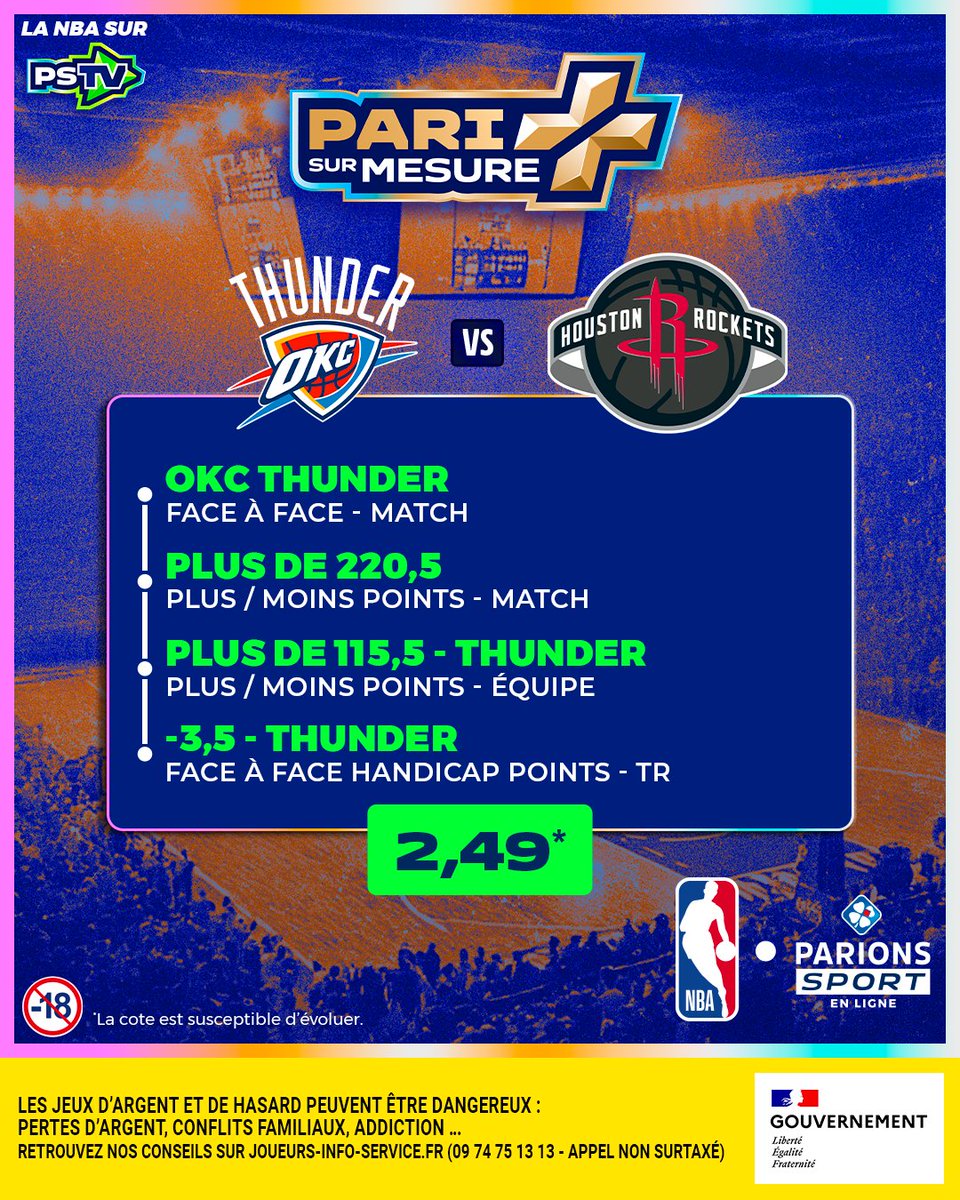 🔥 Notre #PariSurMesure pour le match d'ouverture de la NBA entre le Thunder et les Rockets

🤩 10x20€ de freebet si ça fait 3/4
👉 RT + follow
📆 TAS le 22/10
📃 Règlement : bit.ly/45Ljuky

ℹ️ La NBA, c'est à suivre en vous connectant à PSTV 
👉 Pour suivre le match du