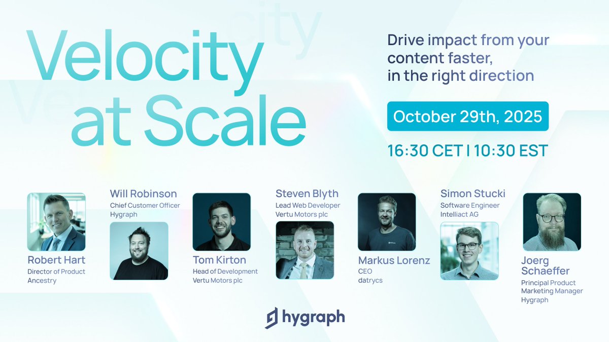 See velocity in action!🎯

On Oct 29 at 16:30 CET, our Chief Customer Officer, Will Robinson hosts two panels with <a href="/Ancestry/">Ancestry</a>, <a href="/VertuMotors/">Vertu</a>, Intelliact, <a href="/datrycs/">datrycs</a> and <a href="/hygraph/">Hygraph</a>. 

What actually drives speed with control!

🎟️🎟️Save your seat: hygra.ph/velocity-atsca…
#VelocityAtScale