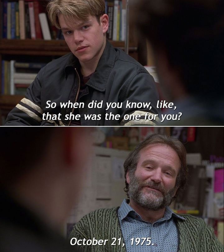 DatesInMovies's tweet image. Oct 21st - Psychology professor, Dr Sean Maguire, met his nocturnally flatulent wife, missing game six of the 1975 World Series.

📽️📅 Good Will Hunting (1997)
