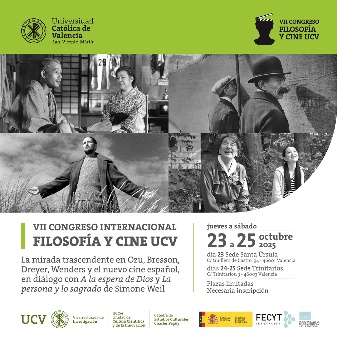 🎬🧵 VII Congreso Internacional de Filosofía y Cine
23, 24 y 25 de octubre de 2025 

Este año: “La mirada trascendente en Ozu, Bresson, Dreyer, Wenders y el nuevo cine español”, en diálogo con Simone Weil.👇
ucv.es/oferta-academi…