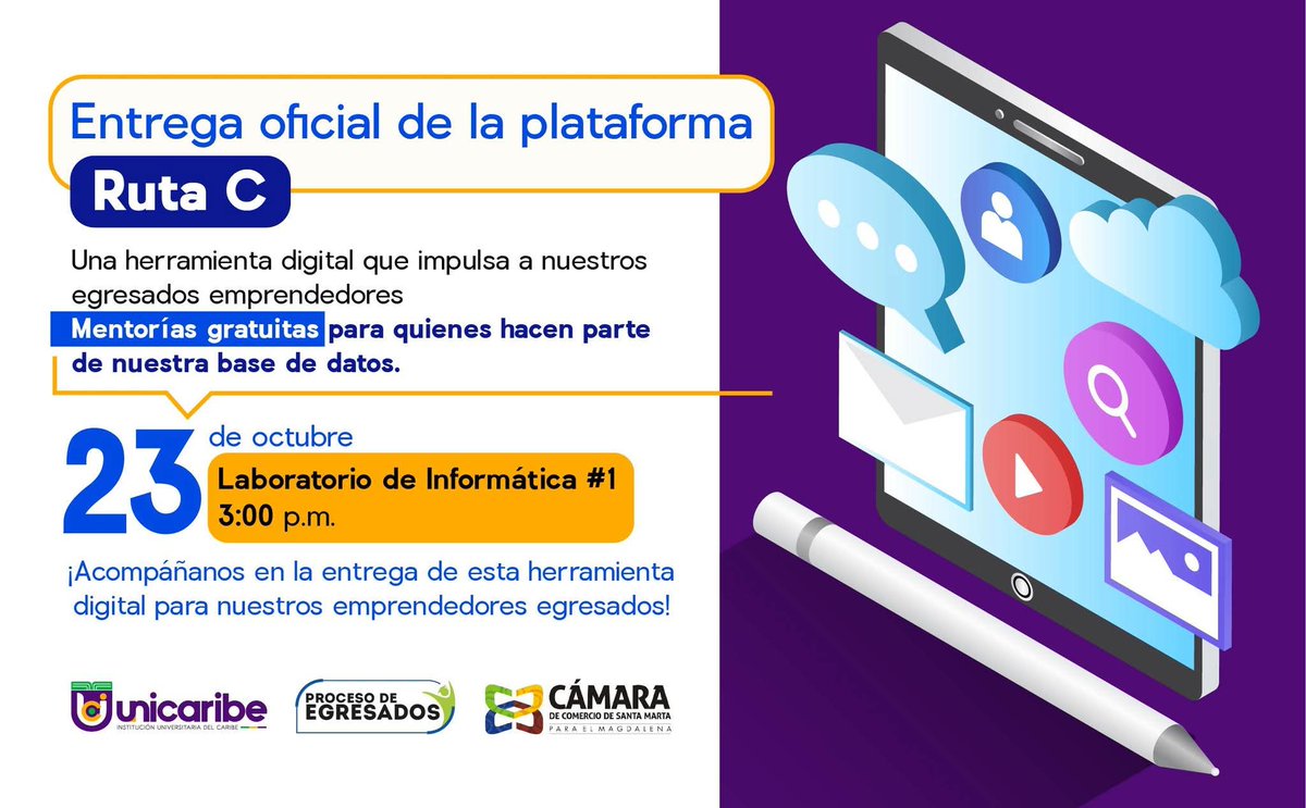 🌟 Impulsamos el crecimiento de nuestros egresados emprendedores💡

Este 23 de octubre a las 3:00 p.m., la Cámara de Comercio entregará la plataforma “Ruta C”, una herramienta digital que brindará mentorías gratuitas a nuestros egresados emprendedores.

📍 Lugar: Laboratorio de