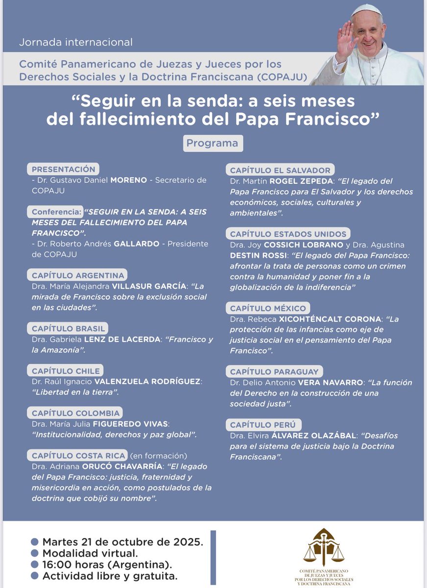 ⚖️JORNADA INTERNACIONAL "Seguir en la senda: a seis meses del fallecimiento del Papa Francisco" COPAJU se reúne para ratificar y profundizar la senda que nos señaló para concretar la Justicia Social.

El Pdte. de Copaju Py <a href="/DrDelioVera/">Prof. Dr. Delio Vera Navarro</a> participara de la jornada.